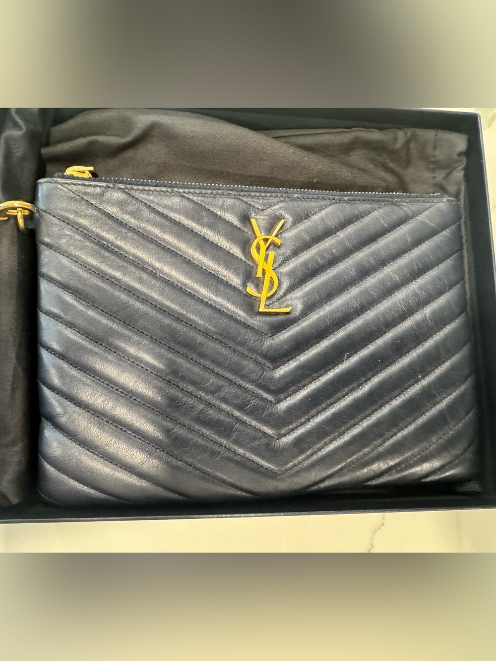 💯Authentic YSL Navy Blue Cassandra Chevron  Wristlet - Picture 13 of 16